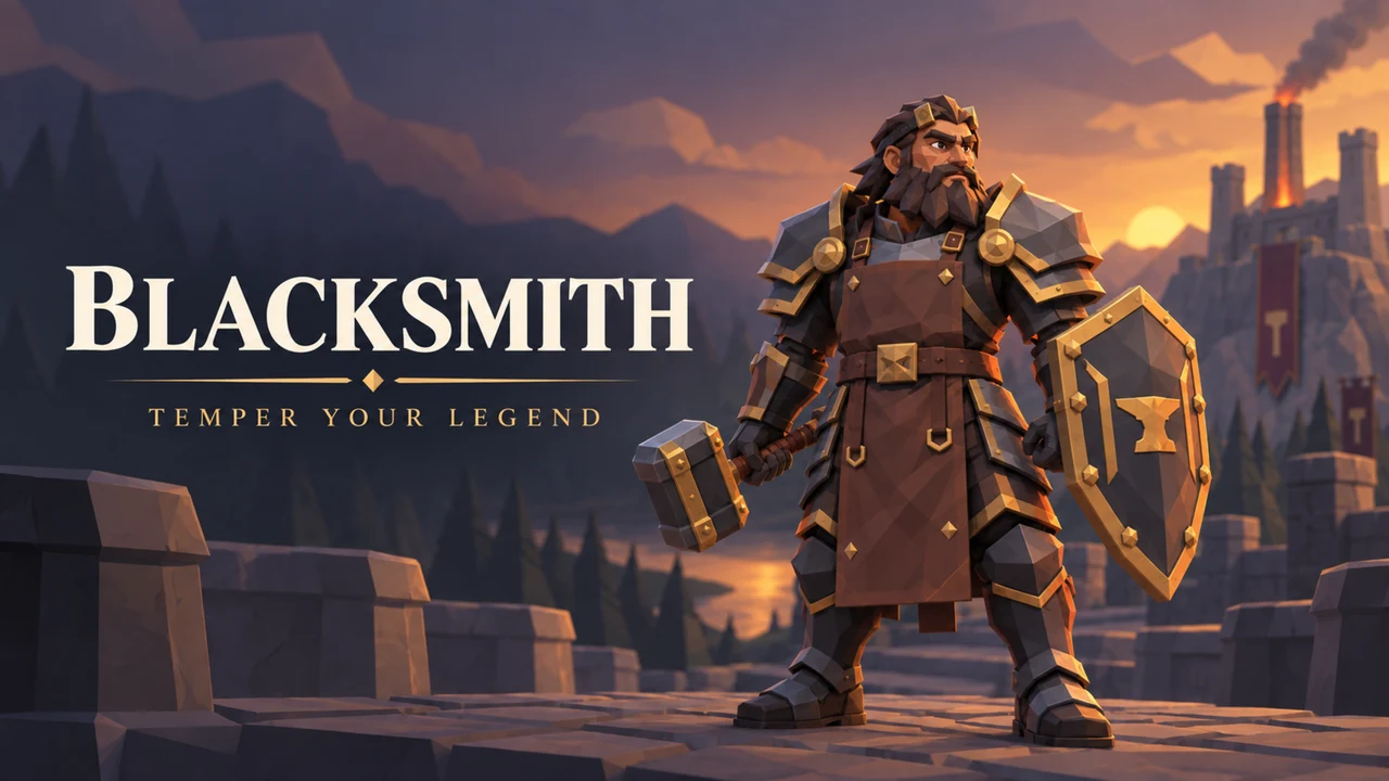 Blacksmith in forge armor carrying a hammer and shield