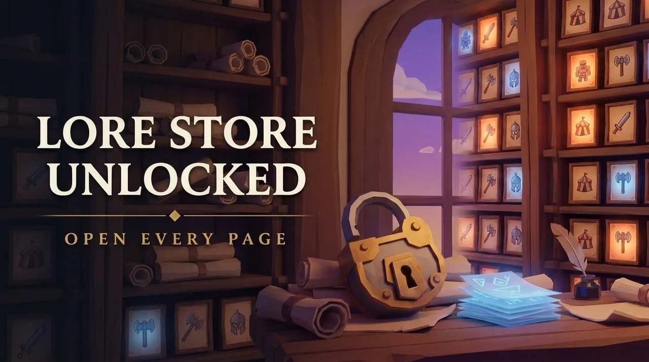 Original promotional banner for Lore Store Unlocked: the title beside a scholar's archive of glowing lore cards and an open padlock